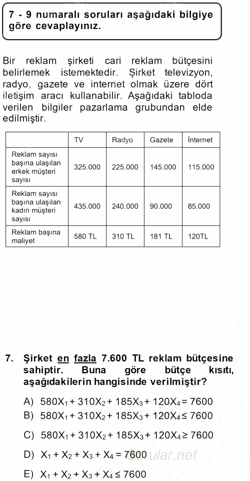 Yöneylem Araştırması 1 2014 - 2015 Ara Sınavı 7.Soru