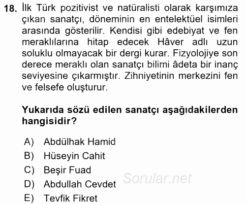 Yeni Türk Edebiyatına Giriş 2 2017 - 2018 Dönem Sonu Sınavı 18.Soru