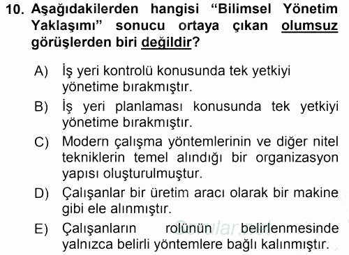 Yönetim Bilimi 1 2015 - 2016 Dönem Sonu Sınavı 10.Soru