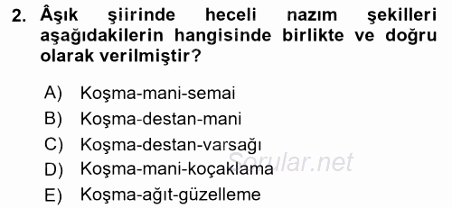 Türk Halk Şiiri 2016 - 2017 Ara Sınavı 2.Soru