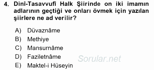 Türk Halk Şiiri 2016 - 2017 Ara Sınavı 4.Soru