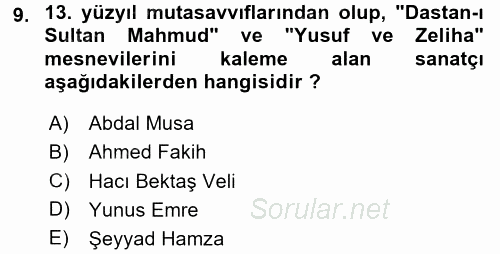 Türk Halk Şiiri 2016 - 2017 Ara Sınavı 9.Soru