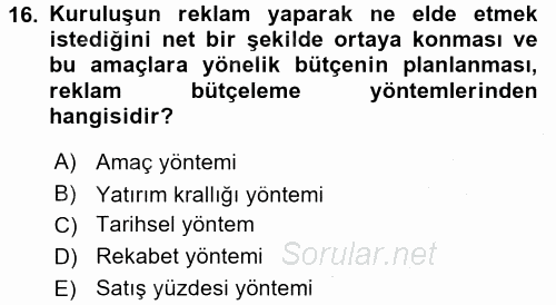 Reklamcılık 2015 - 2016 Dönem Sonu Sınavı 16.Soru