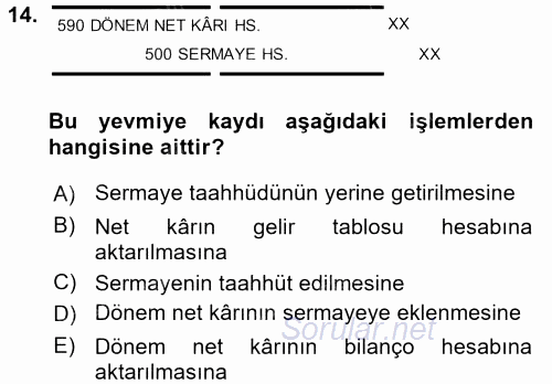 Genel Muhasebe 2 2017 - 2018 Dönem Sonu Sınavı 14.Soru