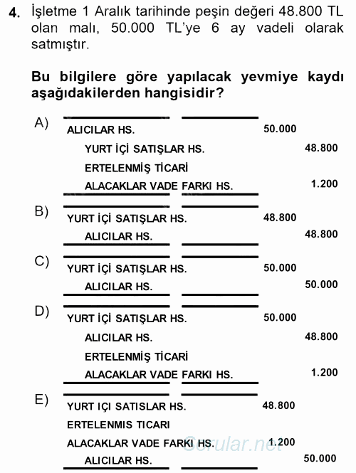 Genel Muhasebe 2 2017 - 2018 Dönem Sonu Sınavı 4.Soru