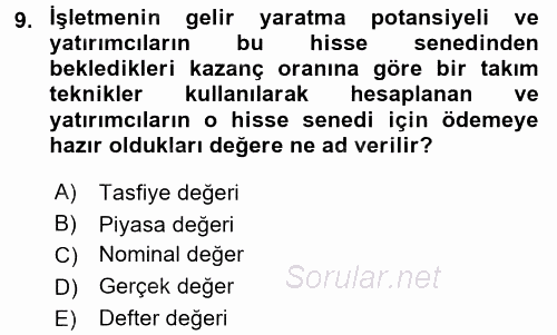 Genel Muhasebe 2 2017 - 2018 Dönem Sonu Sınavı 9.Soru