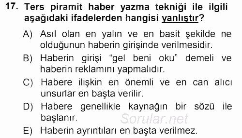 Haber Yazma Teknikleri 2012 - 2013 Ara Sınavı 17.Soru