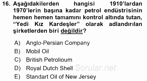 Modern Ortadoğu Tarihi 2017 - 2018 Dönem Sonu Sınavı 16.Soru