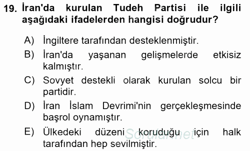 Modern Ortadoğu Tarihi 2017 - 2018 Dönem Sonu Sınavı 19.Soru