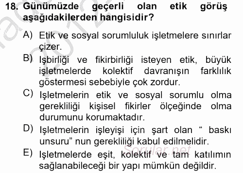 İşletmelerde Sosyal Sorumluluk Ve Etik 2012 - 2013 Ara Sınavı 18.Soru