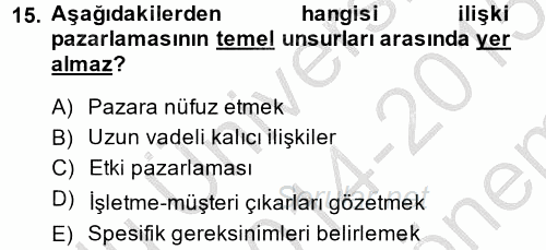 Sağlık Hizmetleri Pazarlaması 2014 - 2015 Dönem Sonu Sınavı 15.Soru