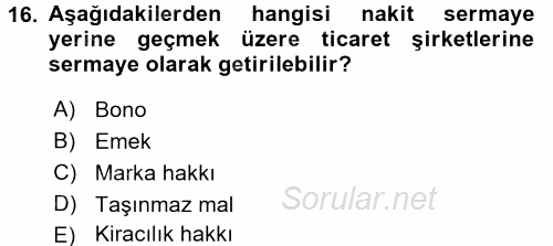 Ticaret Hukuku 1 2016 - 2017 Dönem Sonu Sınavı 16.Soru