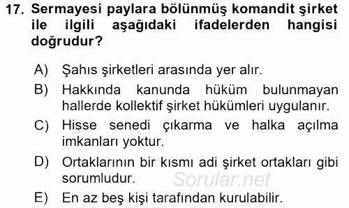 Ticaret Hukuku 1 2016 - 2017 Dönem Sonu Sınavı 17.Soru