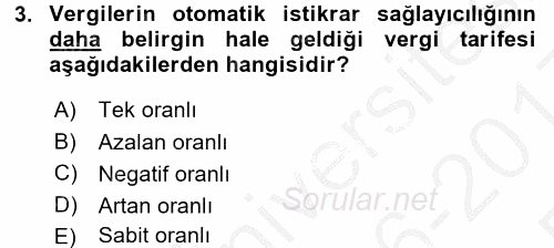 Maliye Politikası 1 2016 - 2017 3 Ders Sınavı 3.Soru