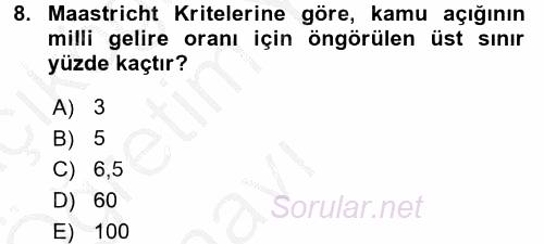Maliye Politikası 1 2016 - 2017 3 Ders Sınavı 8.Soru