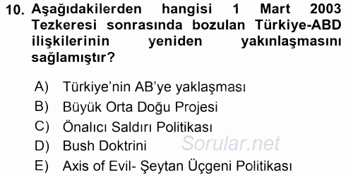 Türk Dış Politikası 2 2016 - 2017 Dönem Sonu Sınavı 10.Soru
