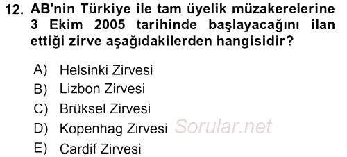 Türk Dış Politikası 2 2016 - 2017 Dönem Sonu Sınavı 12.Soru