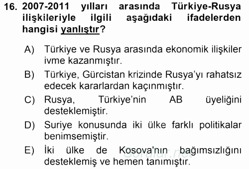 Türk Dış Politikası 2 2016 - 2017 Dönem Sonu Sınavı 16.Soru