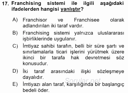 Perakendeciliğe Giriş 2015 - 2016 Dönem Sonu Sınavı 17.Soru