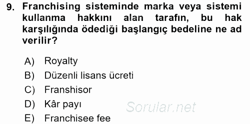 Perakendeciliğe Giriş 2015 - 2016 Dönem Sonu Sınavı 9.Soru