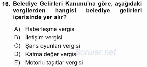 Özel Vergi Hukuku 2 2016 - 2017 3 Ders Sınavı 16.Soru