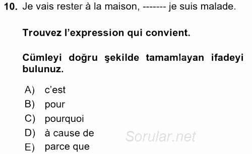 Fransızca 1 2017 - 2018 Ara Sınavı 10.Soru