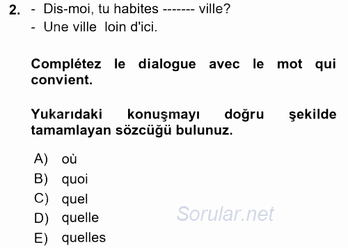 Fransızca 1 2017 - 2018 Ara Sınavı 2.Soru