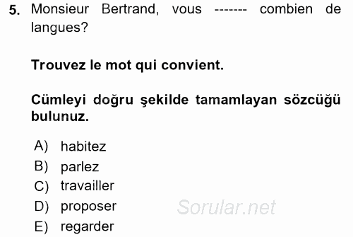 Fransızca 1 2017 - 2018 Ara Sınavı 5.Soru