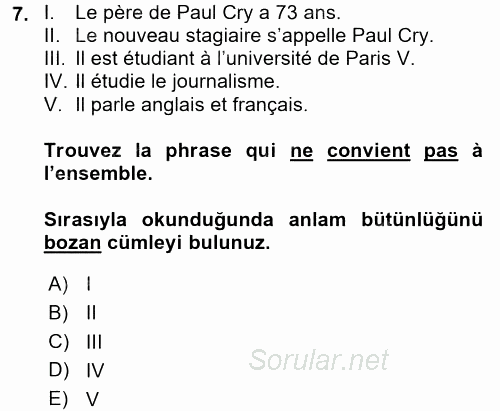 Fransızca 1 2017 - 2018 Ara Sınavı 7.Soru