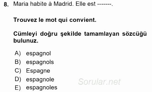 Fransızca 1 2017 - 2018 Ara Sınavı 8.Soru