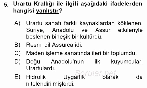 Uygarlık Tarihi 1 2015 - 2016 Dönem Sonu Sınavı 5.Soru