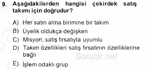 Satış Yönetimi ve Telefonda Satış 2014 - 2015 Ara Sınavı 9.Soru