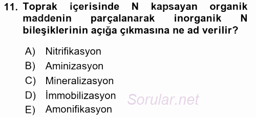 Toprak Bilgisi ve Bitki Besleme 2017 - 2018 Dönem Sonu Sınavı 11.Soru