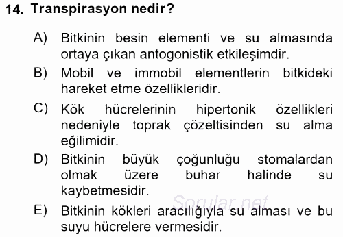 Toprak Bilgisi ve Bitki Besleme 2017 - 2018 Dönem Sonu Sınavı 14.Soru