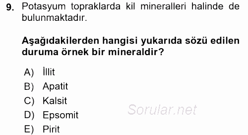Toprak Bilgisi ve Bitki Besleme 2017 - 2018 Dönem Sonu Sınavı 9.Soru