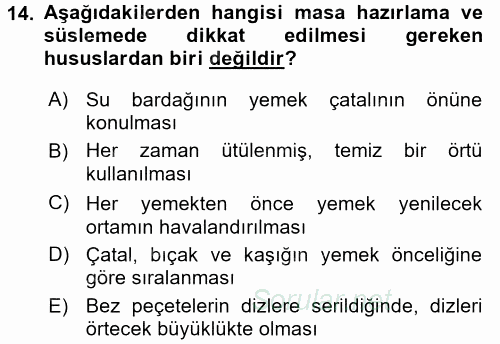 Yiyecek Üretim Temelleri 2017 - 2018 3 Ders Sınavı 14.Soru