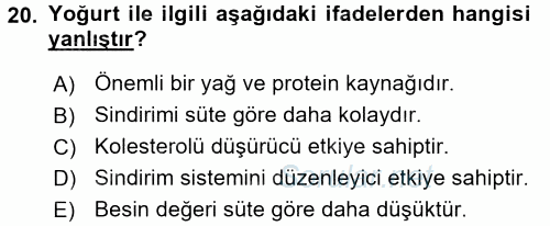 Yiyecek Üretim Temelleri 2017 - 2018 3 Ders Sınavı 20.Soru