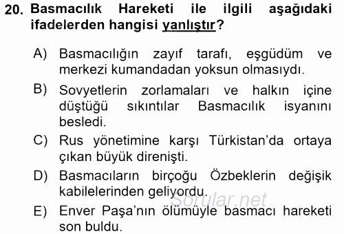 XIX. Yüzyıl Türk Dünyası 2015 - 2016 Dönem Sonu Sınavı 20.Soru
