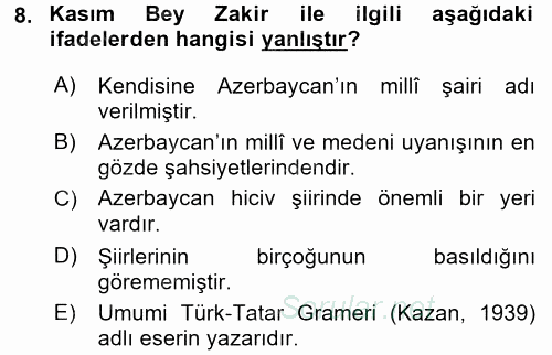 XIX. Yüzyıl Türk Dünyası 2015 - 2016 Dönem Sonu Sınavı 8.Soru