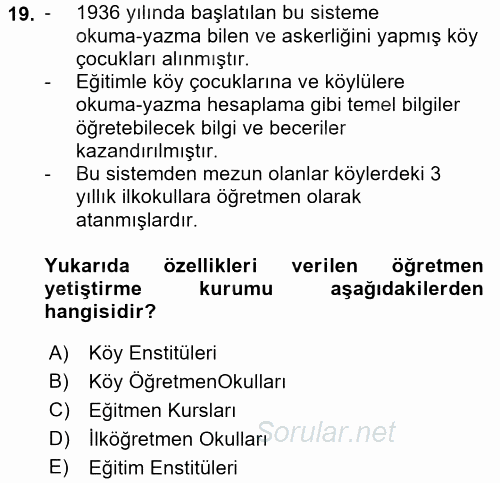 Eğitim Bilimine Giriş 2016 - 2017 Dönem Sonu Sınavı 19.Soru