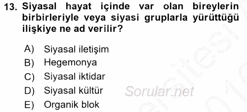 Siyaset Sosyolojisi 2015 - 2016 Dönem Sonu Sınavı 13.Soru