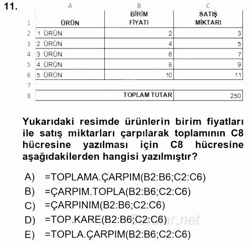 İşlem Tabloları 2016 - 2017 Dönem Sonu Sınavı 11.Soru