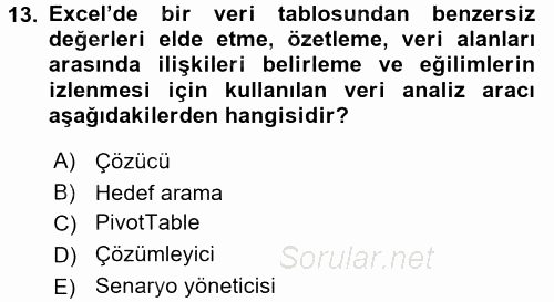 İşlem Tabloları 2016 - 2017 Dönem Sonu Sınavı 13.Soru