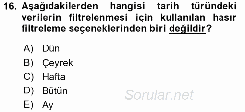 İşlem Tabloları 2016 - 2017 Dönem Sonu Sınavı 16.Soru