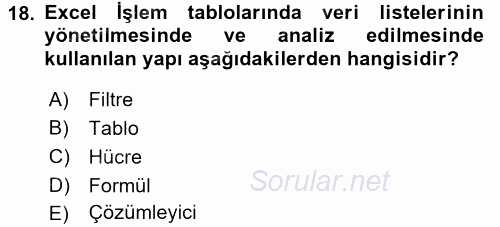 İşlem Tabloları 2016 - 2017 Dönem Sonu Sınavı 18.Soru