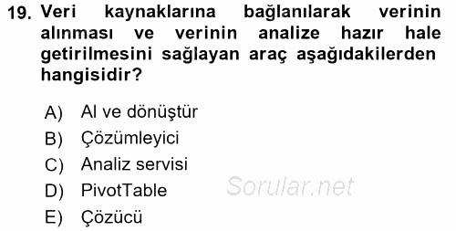 İşlem Tabloları 2016 - 2017 Dönem Sonu Sınavı 19.Soru