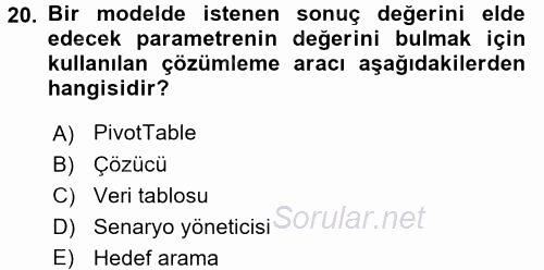 İşlem Tabloları 2016 - 2017 Dönem Sonu Sınavı 20.Soru