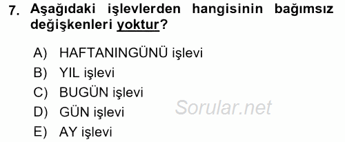 İşlem Tabloları 2016 - 2017 Dönem Sonu Sınavı 7.Soru