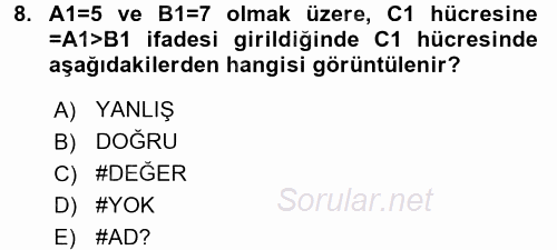 İşlem Tabloları 2016 - 2017 Dönem Sonu Sınavı 8.Soru