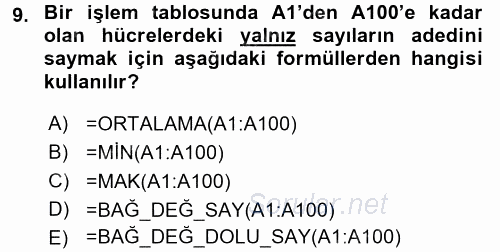 İşlem Tabloları 2016 - 2017 Dönem Sonu Sınavı 9.Soru